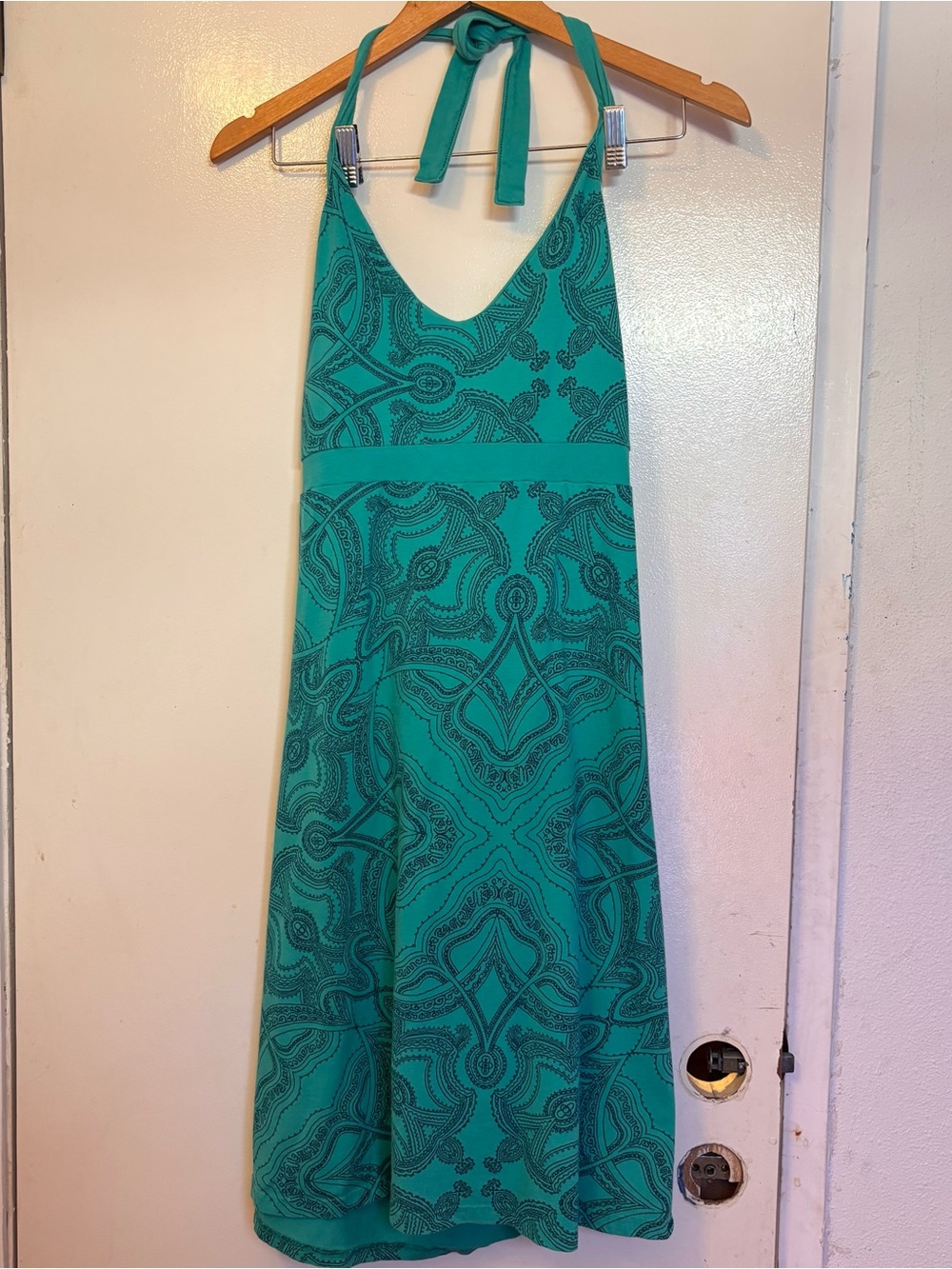 Patagonia Teal Halter Maxi Dress with Dark Teal Print
